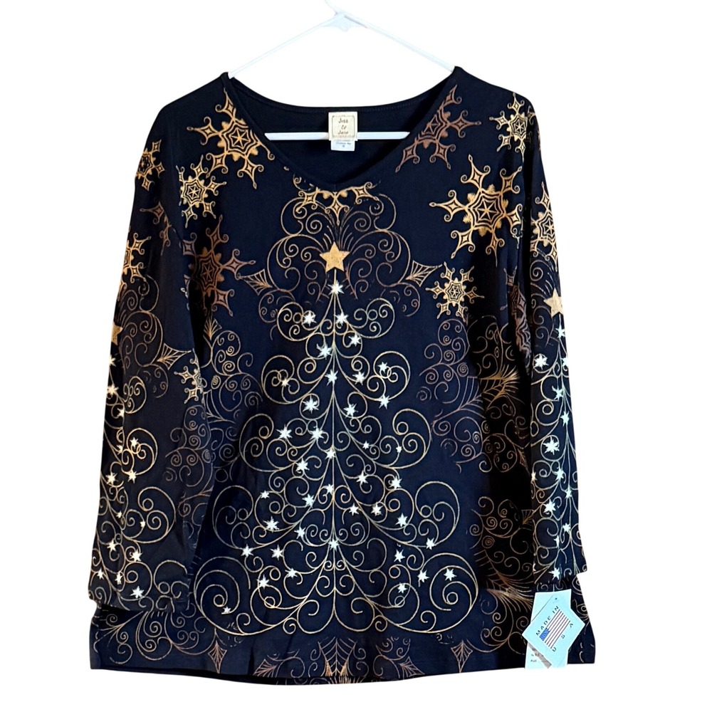 Jess & Jane Christmas Star Top 1X Black Gold NWT Holiday Plus Size 15-811X